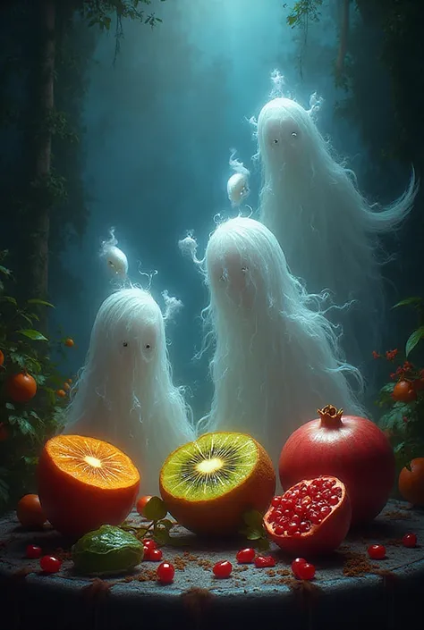 kiwi, pomegranate , ghosts all around, halloween
