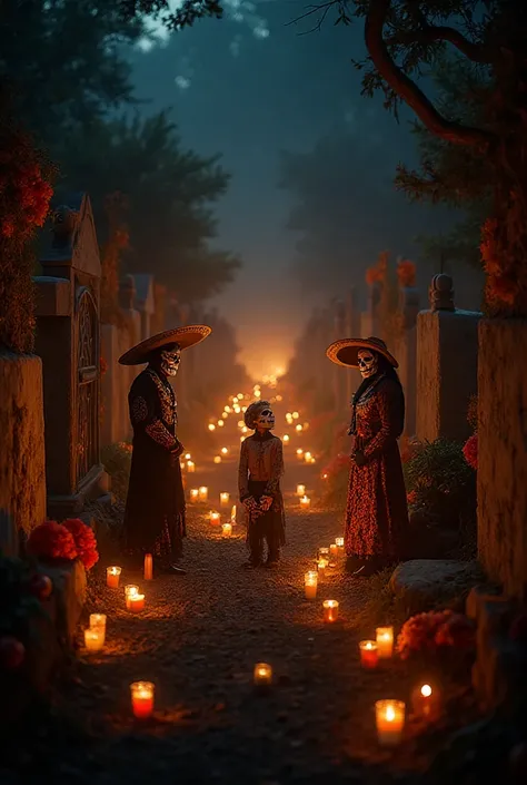 1.  Initial scene :
- Description: Start with a panoramic shot of a cemetery illuminated by candlelight. The graves are adorned ...