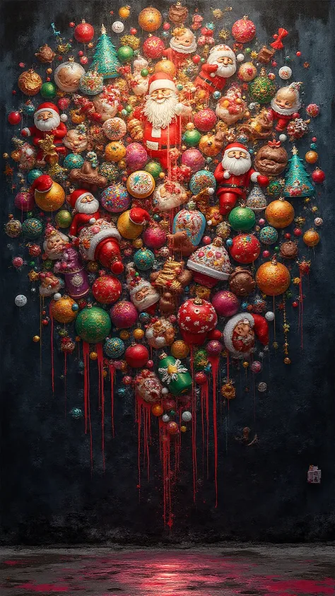 (2D street art mural on rough urban wall:1.4), (colorful christmas explosion of candy and lights:1.6), (santa figures, christmas...