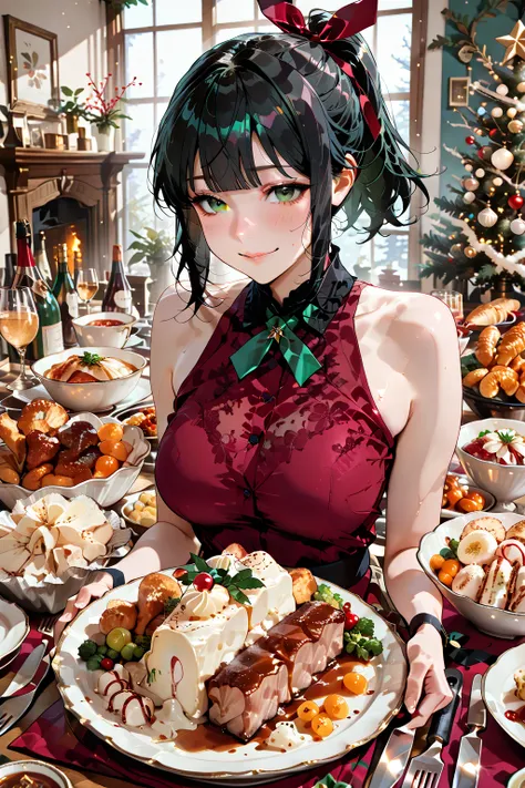 Christmas Dinner, Christmas meal,food plate, dinner plate、Restaurant、dinner、of semen[black hair、short ponytail、straight bangs、gr...