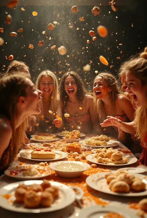 A grand feast unfolds on a large table, where beautiful girls joyfully engage in a spirited food fight. Plates, pastries, and sa...