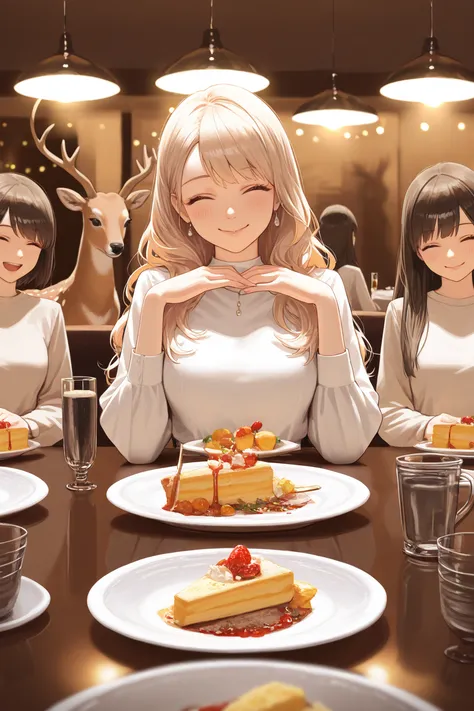 Happy Girl ,dinner,Dishes lined up on the table,Party,High Quality,4K,Extreme Details,Realistic,professional,Vivid Color,reflect...