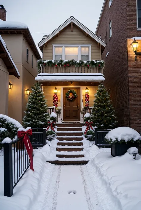 Snow falls gently on a street lined with houses decorated for the holidays. Each house features numerous strings of warm, white ...