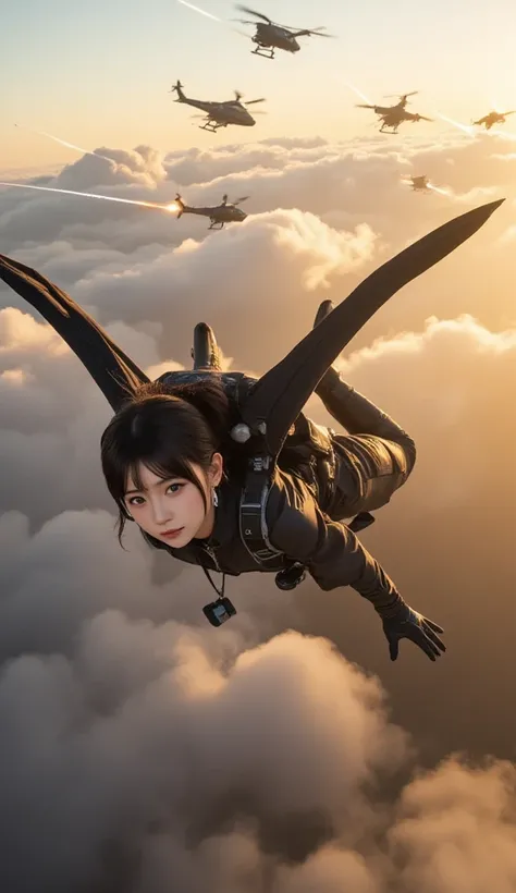 A high-octane aerial chase scene featuring a young, beautiful Japanese woman in a sleek black flight suit and tactical gear. The...