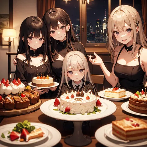 night、Home square dining table、Father, mother, and two sisters sit at the table face to face、Sisters are 10 and 5 years old、dini...