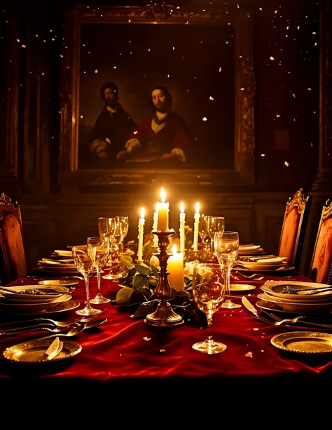 masterpiece, oil painting, mysterious dinner, abandoned banquet in candlelight, golden reflections on silverware, velvet tablecl...
