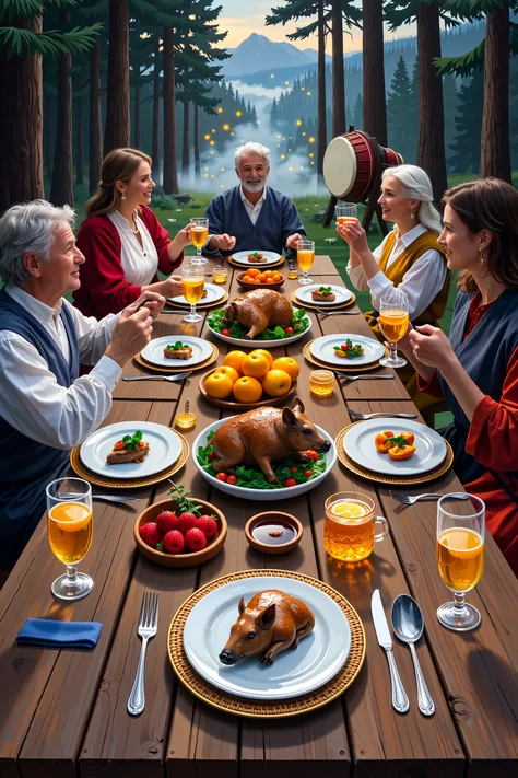 A mythic banquet in an ancient forest clearing, long wooden tables carved with runes, dishes inspired by folklore: honey drippin...