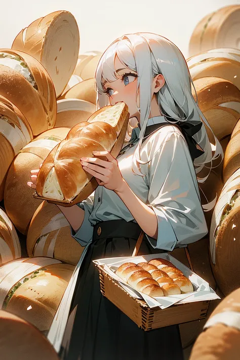 Girl eating freshly baked bread, lots of white bread