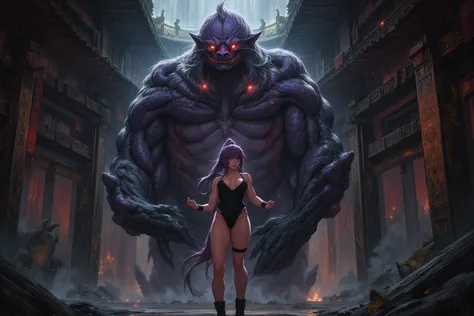 lady ninja (no penis, age 26, Asian, long silky purple hair done up in a top knot ponytail, sexy black leotard, nice hips and th...