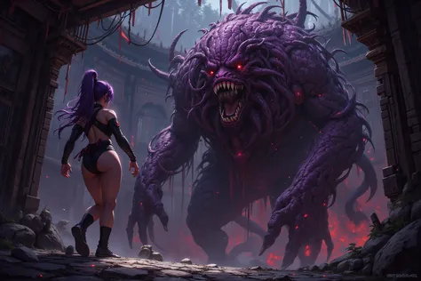 lady ninja (no penis, age 26, Asian, long silky purple hair done up in a top knot ponytail, sexy black leotard, nice hips and th...