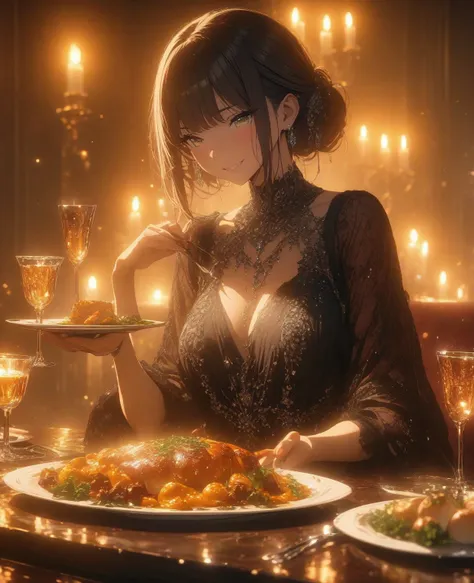 masterpiece, best quality, anime style, ultra-detailed, high resolution, 8k, 1girl, elegant evening dress, sitting at luxurious ...