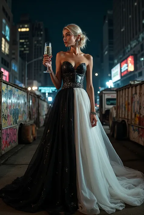 8K fashion photo shoot, a spectacular half-platinum hairstyle, half black, model in a black and white two-tone evening dress: on...