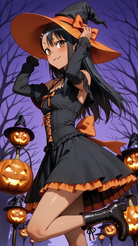 Appearance: hayase nagatoro, long hair, bangs, black hair, hair ornament, brown eyes, hairclip, fang, dark skin, dark-skinned fe...