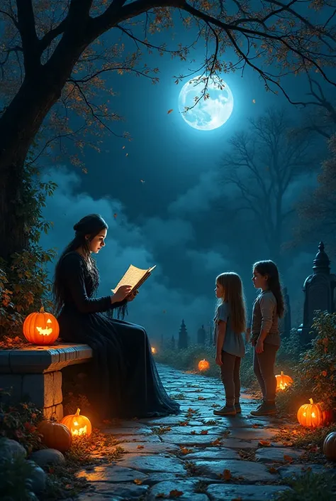 Dans un jardin nocturne décoré pour Halloween, an elegant ghost with a Victorian look is sitting on a stone bench, racontant une...