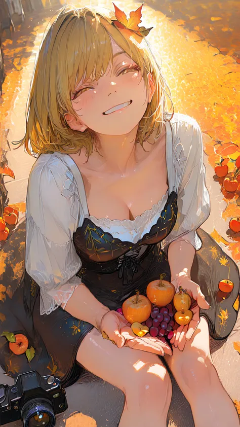 impossible, mprobabletitle, 18-year-old girl holding a large pile of autumn fruits with both hands, apples, persimmons, grapes, ...