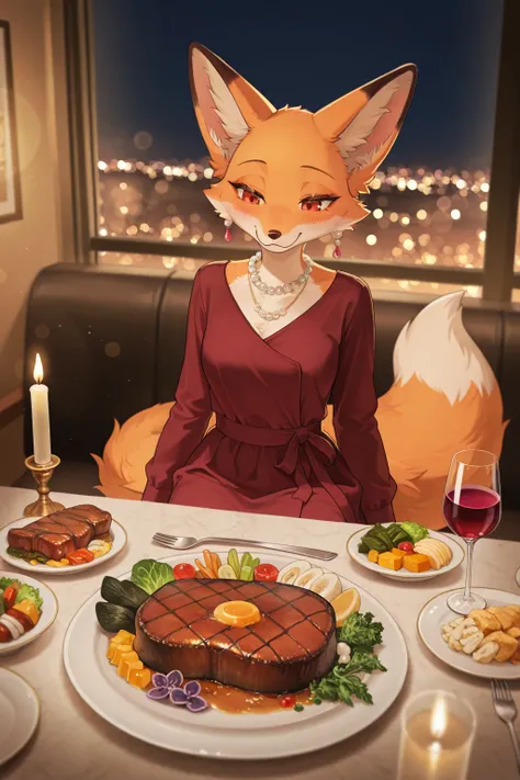 high quality, masterpiece, ultra-detailed, female fox anthro, cute expression, dining at elegant restaurant, wearing stylish bur...
