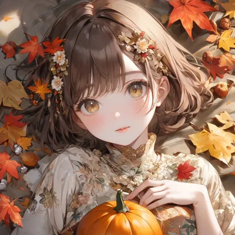brown hairのwomanhood、masterpiece, Best Quality, extremely aesthetic, high definition, Newest, floral autumn clothes、ultra fine d...
