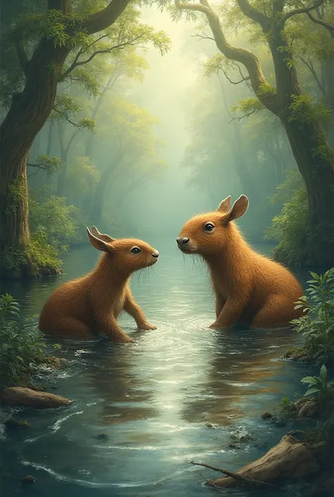 In the Three very different animals lived on a quiet river: capybara, serene and observant; cuervo, vain and talkative; y Butter...