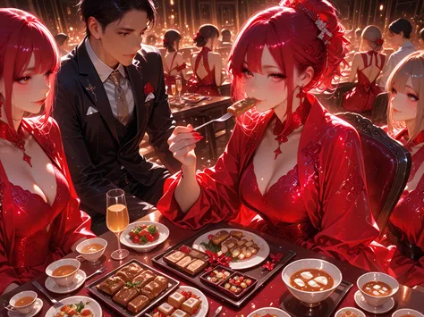 A beautiful woman in a red stylish dress is eating French food、 cool Japanese face 、knife and fork、elegant、Beautiful food is lin...