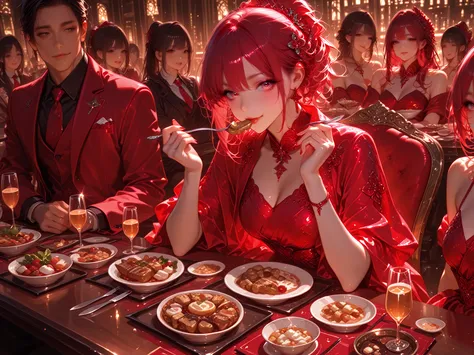 A beautiful woman in a red stylish dress is eating French food、 cool Japanese face 、knife and fork、elegant、Beautiful food is lin...