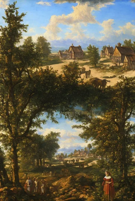 “A young Joan of Arc as a simple peasant girl in 15th century France, standing in a quiet village of Domrémy surrounded by green...