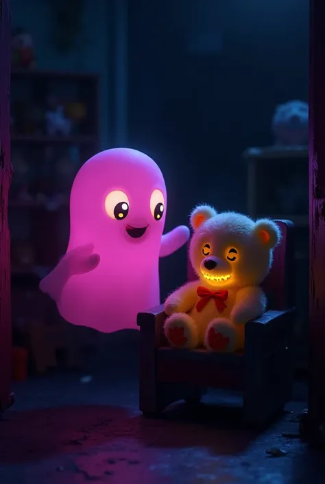 A cute little pink ghost with big glowing eyes floats in a dark toy room filled with old toys. The ghost giggles while hiding be...
