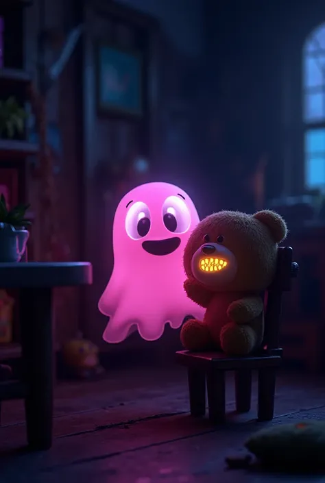 A cute little pink ghost with big glowing eyes floats in a dark toy room filled with old toys. The ghost giggles while hiding be...