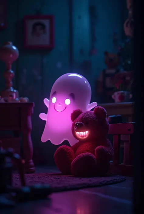 A cute little pink ghost with big glowing eyes floats in a dark toy room filled with old toys. The ghost giggles while hiding be...