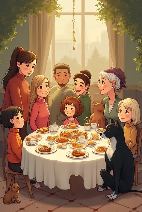 dear friend, draw me, Please, picture. It should depict a happy, family who got together for at the festive round table, the atm...