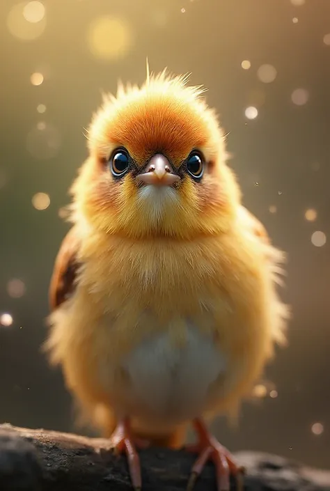 is a captivating close-up portrait of a beautiful little bird that glows with the soft golden light of a quiet morning, with bri...