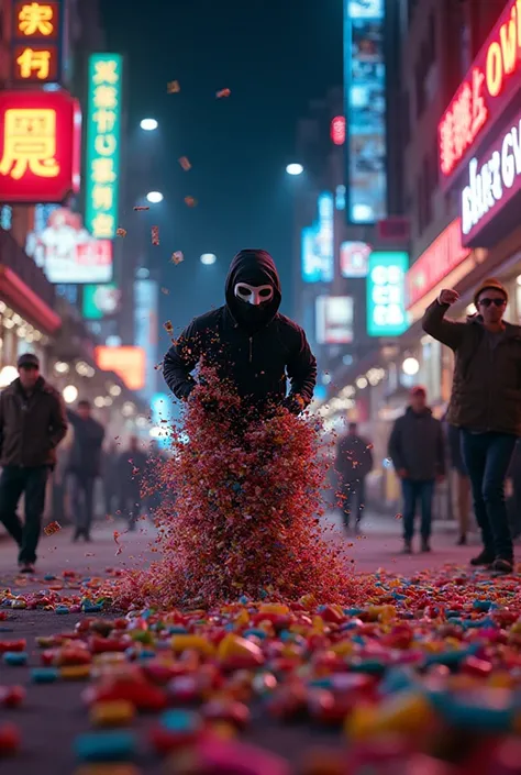 A hyper‑realistic, cinematic scene of a mischievous candy heist in progress. A masked figure dashes through a neon‑lit street at...