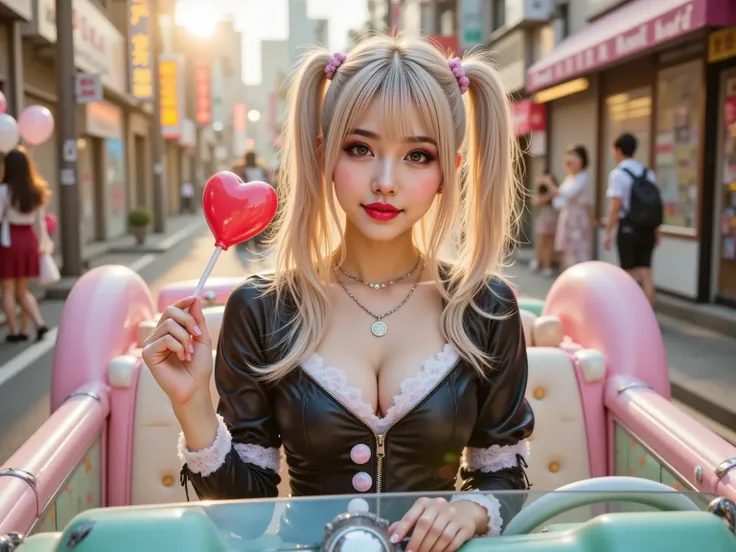A stunning adult woman with platinum-blonde twin-tails, riding in a candy-crafted convertible through a hyper-kawaii Harajuku st...