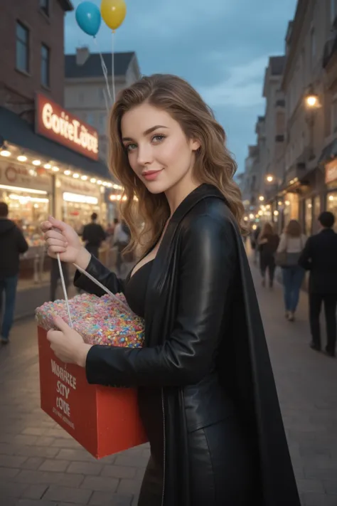 Realistic late in the evening scene in a vibrant fantasy city.
Lana is beautiful, like Aphrodite, with the slender body of the g...