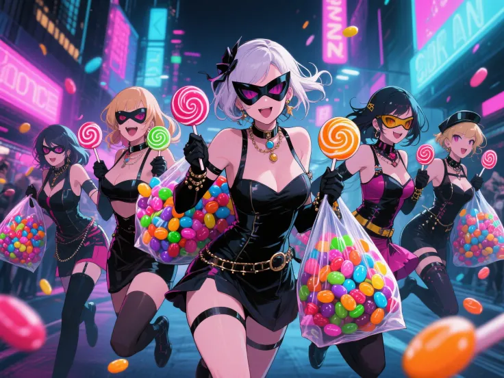 A stylish female thief group carrying a large amount of colorful candies, playful yet mischievous expressions, dynamic action po...