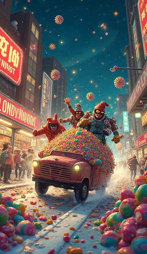 A team of candy thieves in, colorful costumes are in action, snatching candies from a candy store laden with a large, rainbow-co...