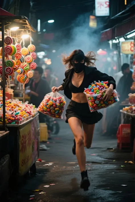 Gorgeous Candy robber, a woman steal tons of candy and run very fast, Street Stall Story, In the smoke-filled night market, what...