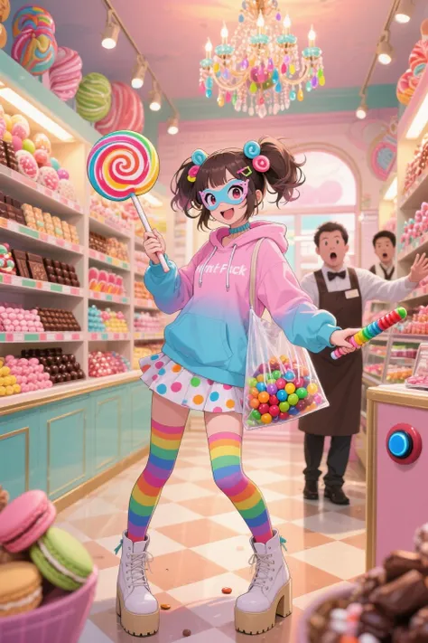 Highest Quality、masterpiece、high definition、 anime style colored 、Arima Kanaga「Candy Heist」in the center of a high-end confectio...