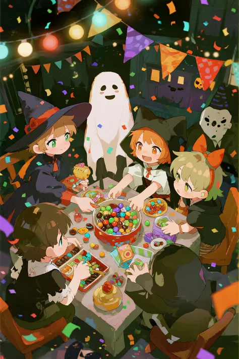 masterpiece, best quality, highly detailed, anime style, group of kids in Halloween costumes, stealing candy from the snack tabl...