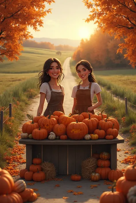 It generates an image in which two beautiful women have a stand to sell pumpkins on the road (roadside stand).