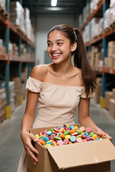 young girl, smiling, slicked-back ponytail, brown skin, slim body, off shoulder dress, make up, ponytail without bangs, tight po...