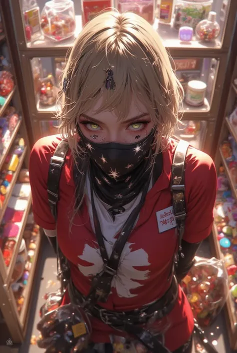 realistic, (1girl:1.5), masterpiece, aeriel view, (full body view:1:7), Candy Robber , (front view), Robber outfit, mask on head...