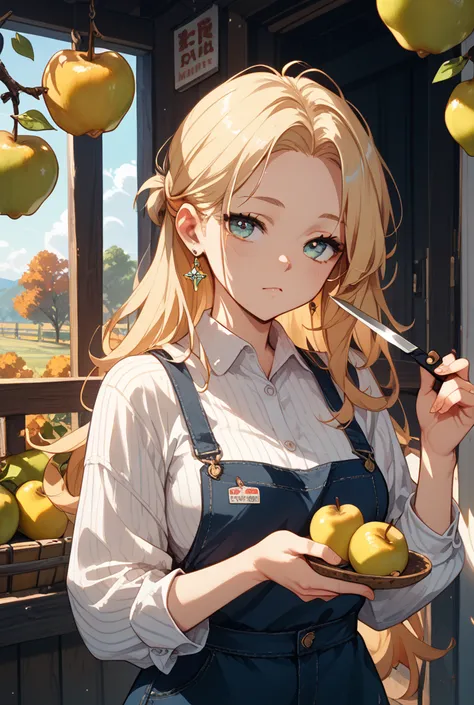 farmer woman　stick out her forehead　Blonde　long hair　Pear　autumn　look sleepy　I'm holding a knife