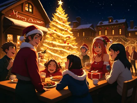 group of friends in a square at night, casais, 3 girls and 3 boys having fun on Christmas night, posando pra foto