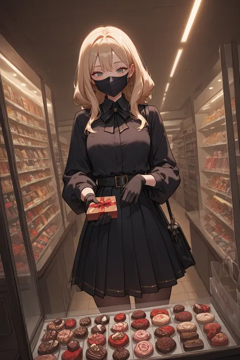 , a woman wearing a black mask and gloves stands in front of a glass showcase with exclusive chocolates, bag in hand, filled wit...