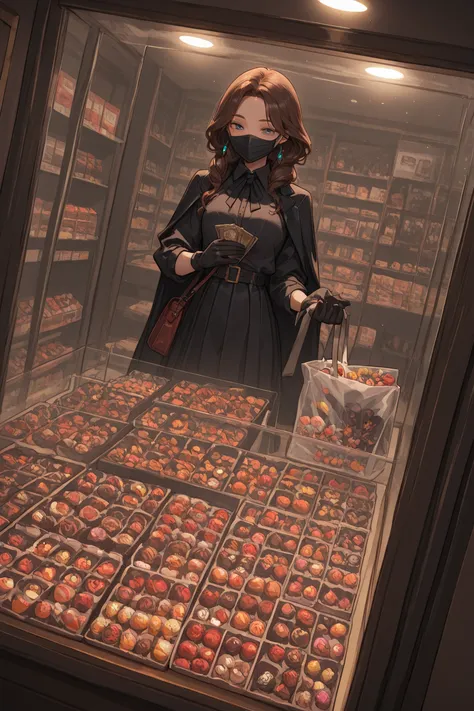 , a woman wearing a black mask and gloves stands in front of a glass showcase with exclusive chocolates, bag in hand, filled wit...