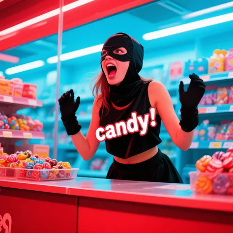 A robber girl screams candy from the store counter