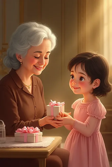 creating a photo of a baby in a pink dress with short hair being given by a grandmother in a brown dress for a red bow pink gift...