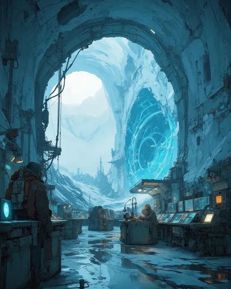 A central control chamber inside a massive ice vault, serving as the city’s coordination center. Rows of terminals stretch benea...