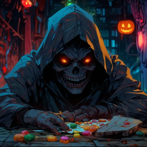 Close-up of an anime-style candy thief, (Halloween holiday:1.0) (man disguised in black robe), (Costal with colored stripes), (b...