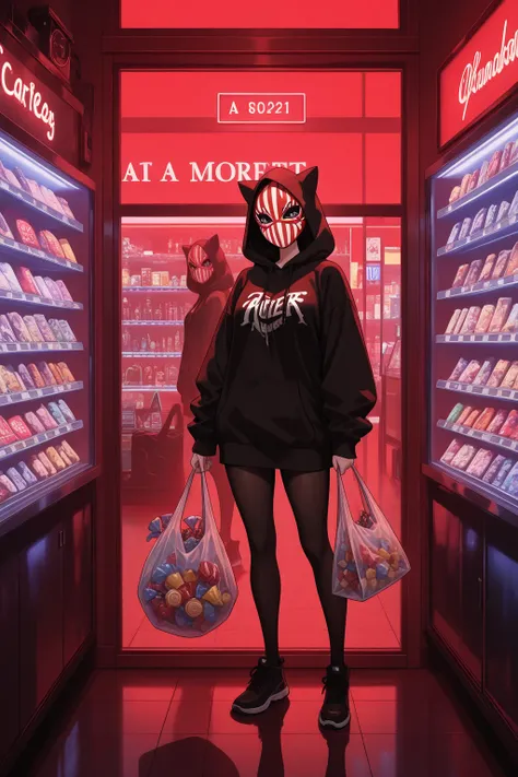 Highest Quality, masterpiece, ultra high definition, Candy Heist, Masked Girl, A Red and White Striped Mask Imitating a Candy Ca...